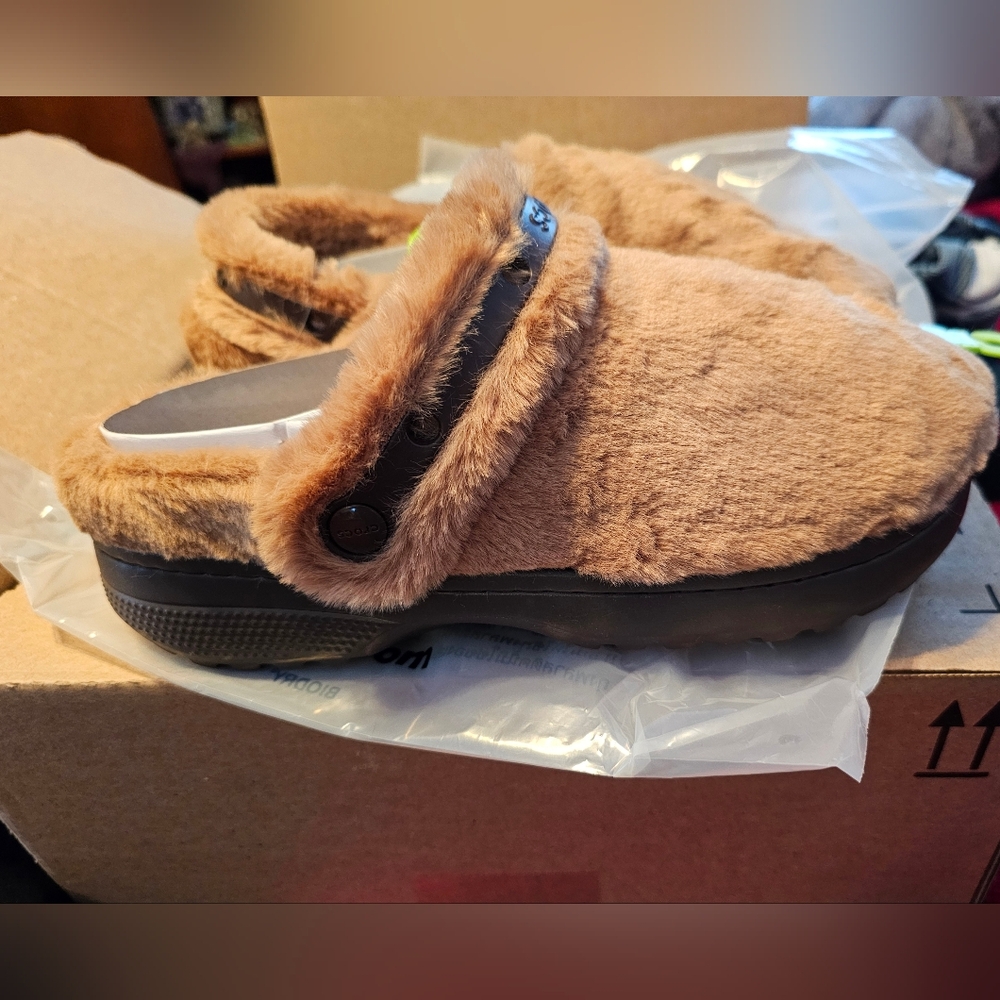 CROCS Tan Fuzzy Mules